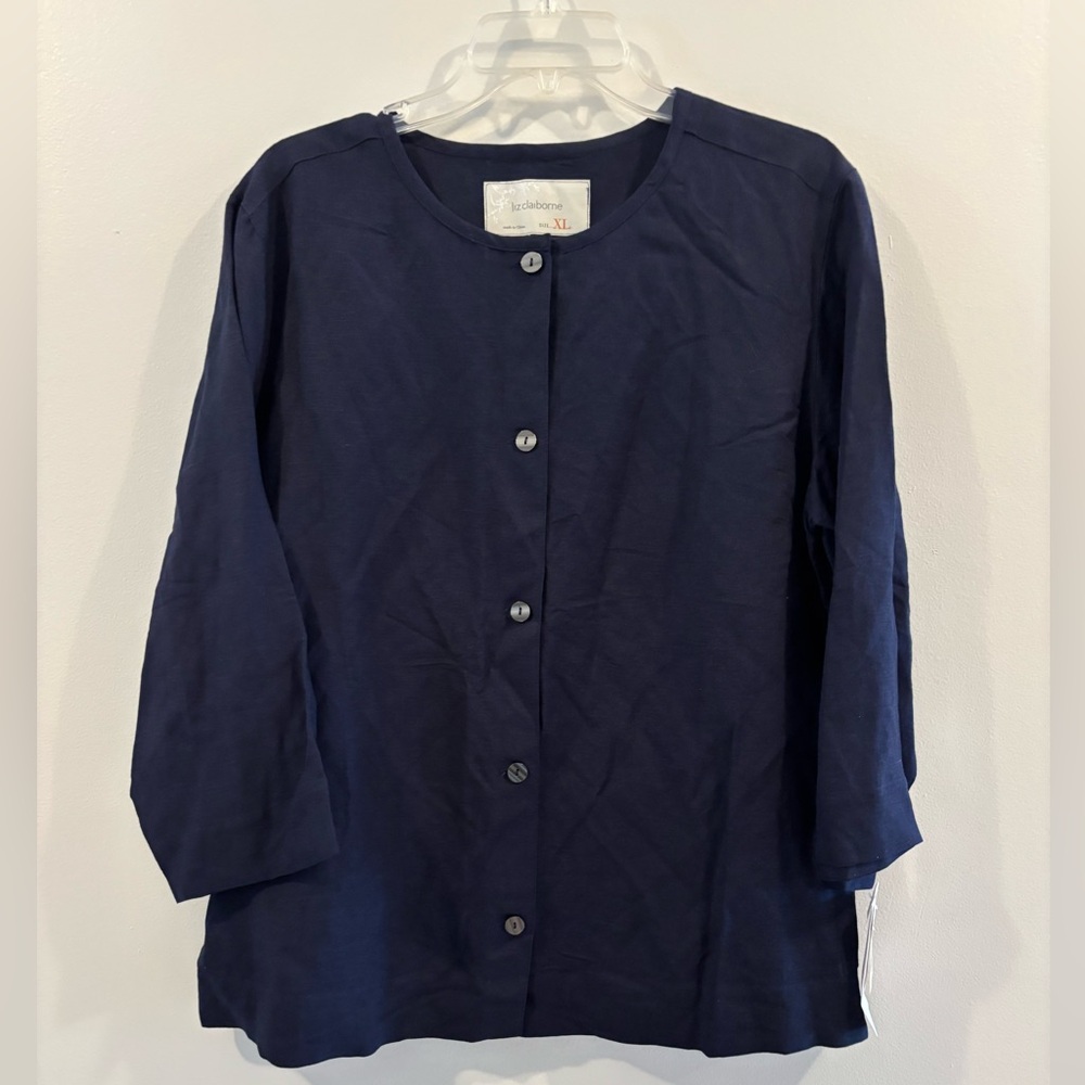 Liz Claiborne Linen 2 Piece Pant Suit XL Navy NWT